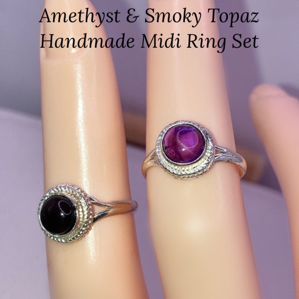 Petite Ring Set Amethyst & Smoky Topaz Handmade Midi Rings